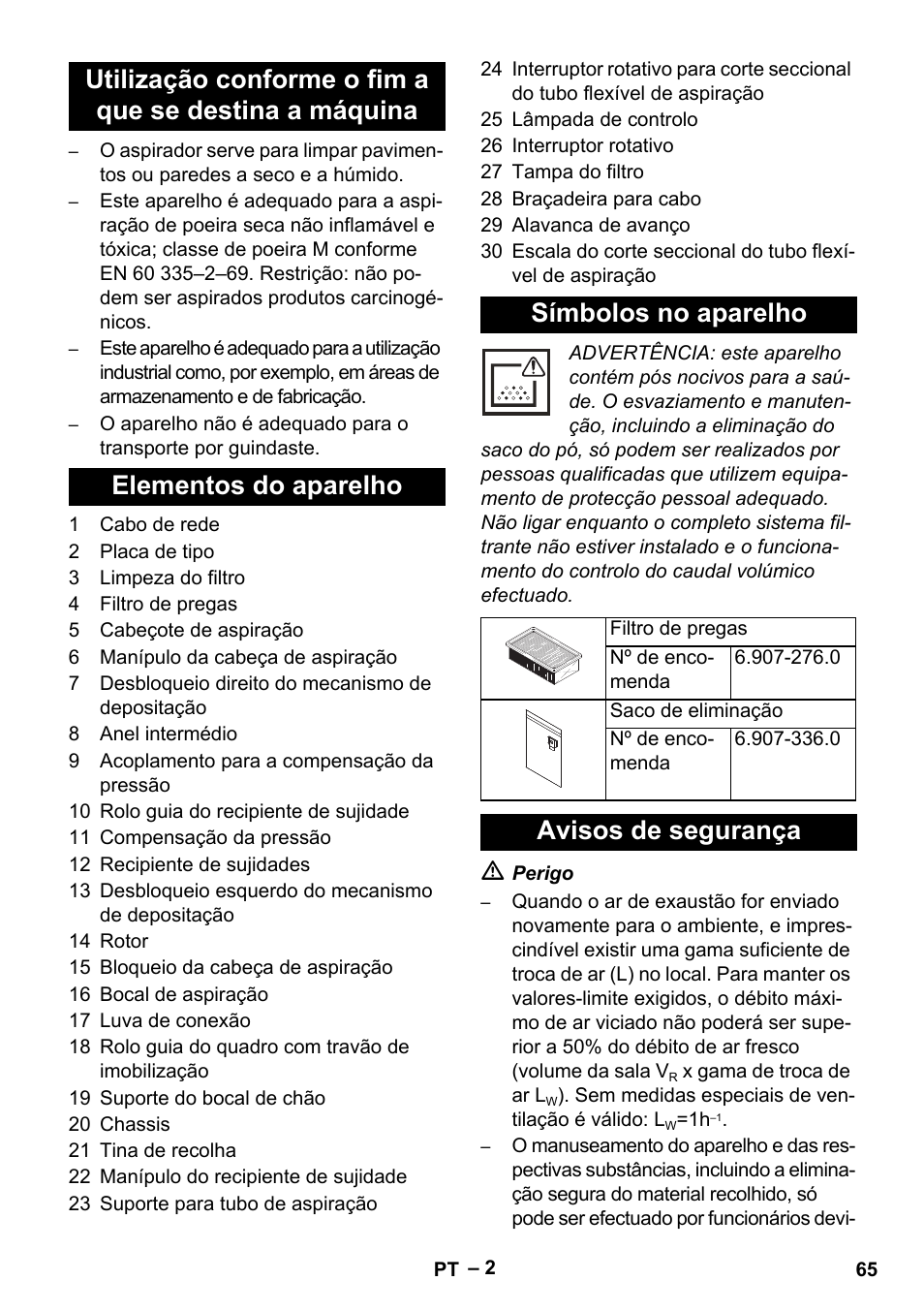 Avisos de segurança | Karcher IVC 60-24-2 Tact M User Manual | Page 65 / 260