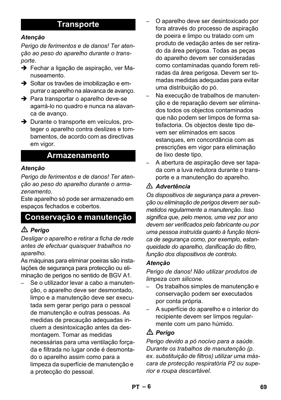 Transporte armazenamento conservação e manutenção | Karcher IVC 60-24-2 Tact M User Manual | Page 69 / 260