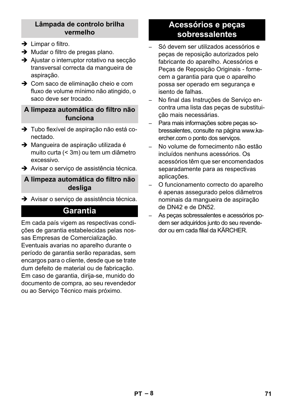 Garantia acessórios e peças sobressalentes | Karcher IVC 60-24-2 Tact M User Manual | Page 71 / 260