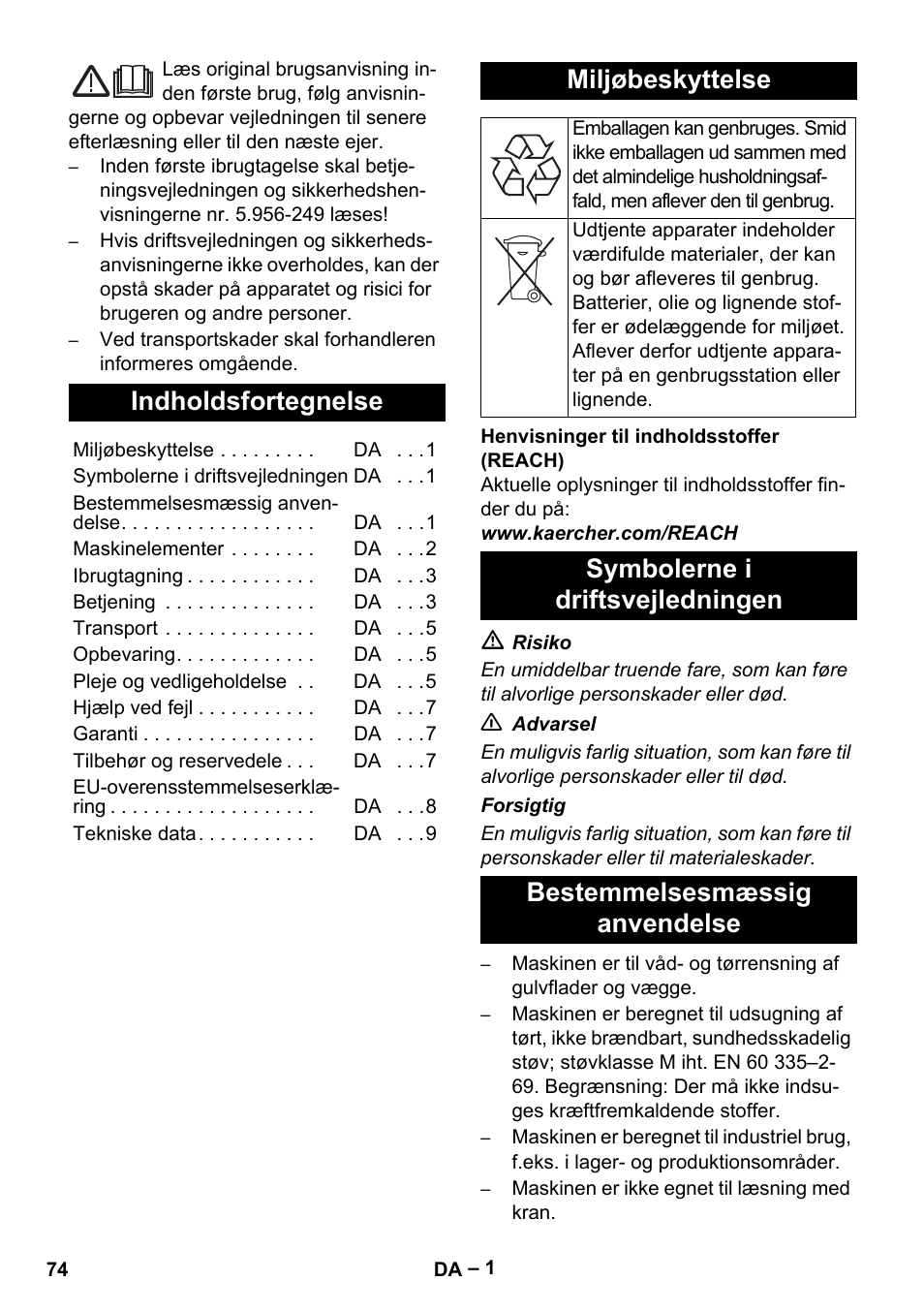 Dansk, Indholdsfortegnelse, Miljøbeskyttelse | Karcher IVC 60-24-2 Tact M User Manual | Page 74 / 260