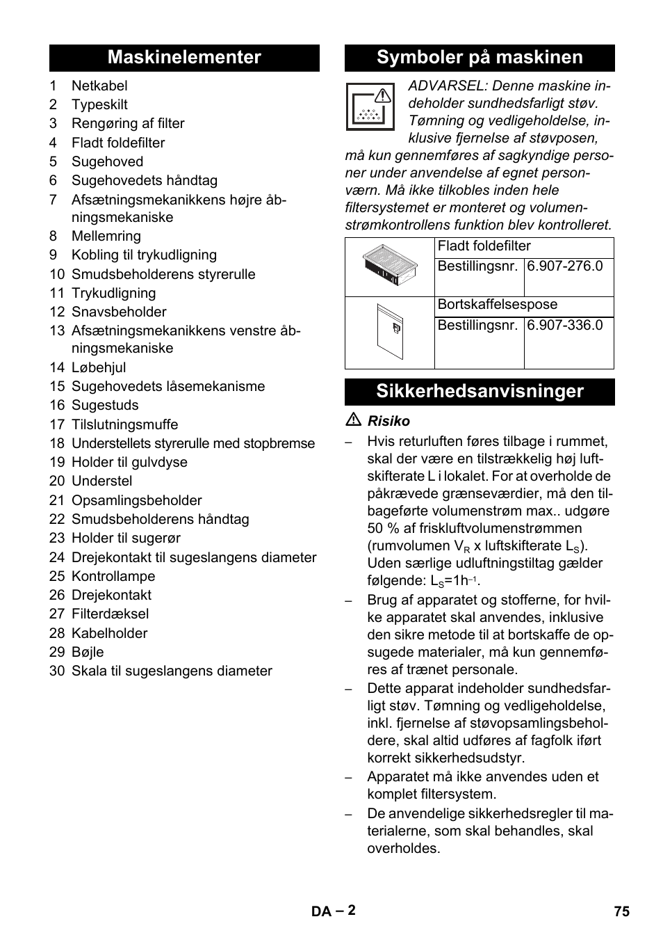 Maskinelementer symboler på maskinen, Sikkerhedsanvisninger | Karcher IVC 60-24-2 Tact M User Manual | Page 75 / 260