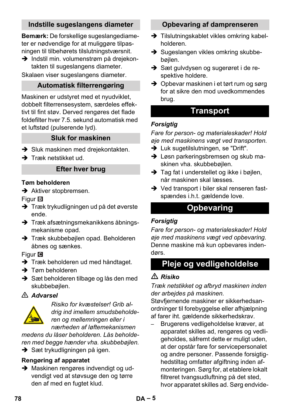 Transport opbevaring pleje og vedligeholdelse | Karcher IVC 60-24-2 Tact M User Manual | Page 78 / 260