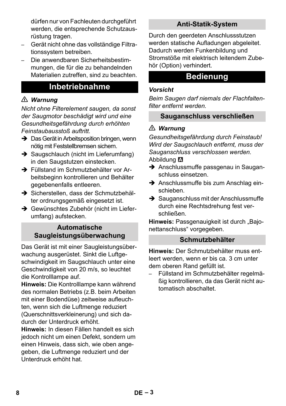 Inbetriebnahme, Bedienung | Karcher IVC 60-24-2 Tact M User Manual | Page 8 / 260