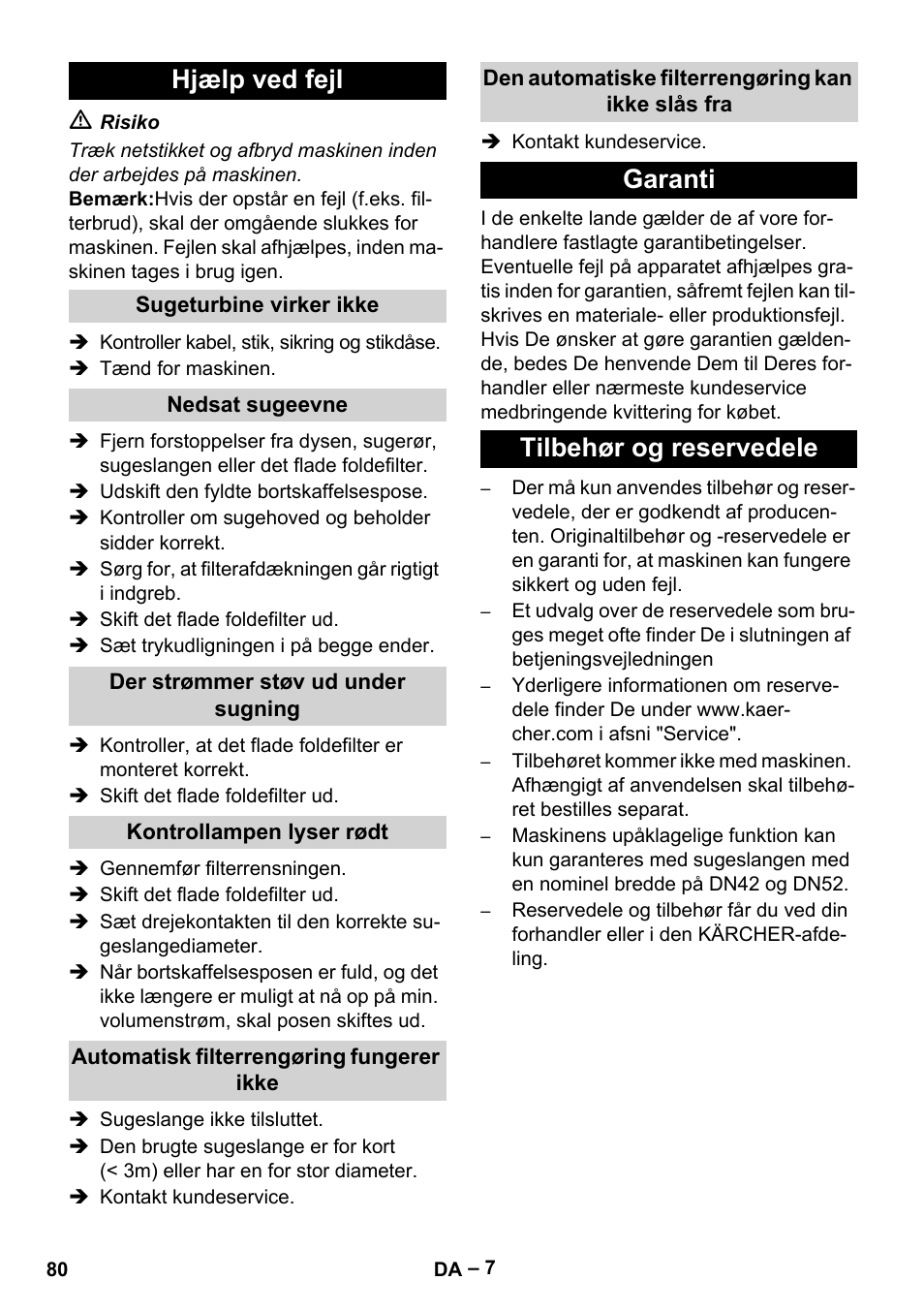 Hjælp ved fejl, Garanti tilbehør og reservedele | Karcher IVC 60-24-2 Tact M User Manual | Page 80 / 260