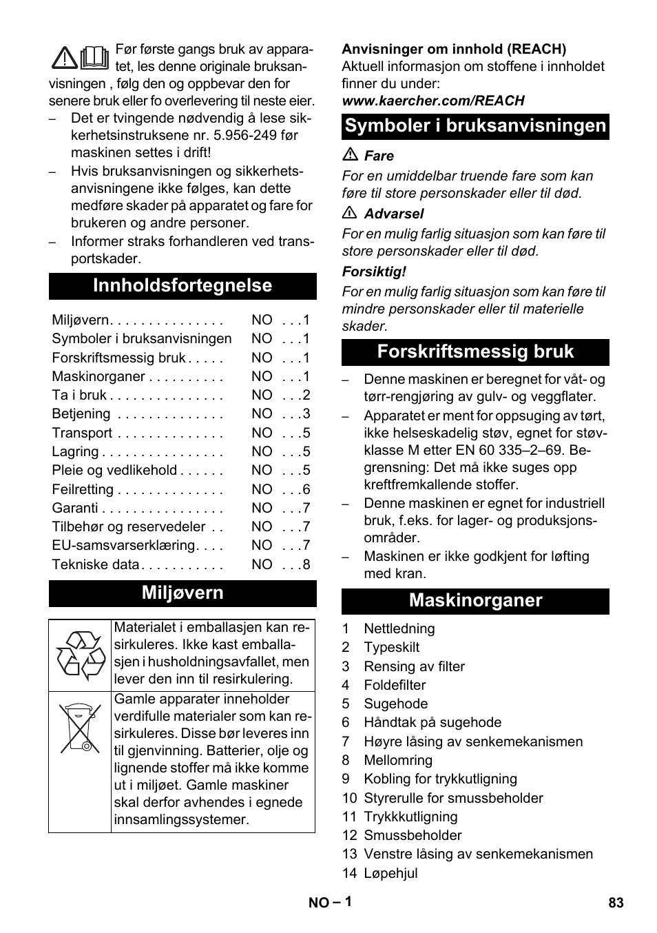 Norsk, Innholdsfortegnelse, Miljøvern | Karcher IVC 60-24-2 Tact M User Manual | Page 83 / 260