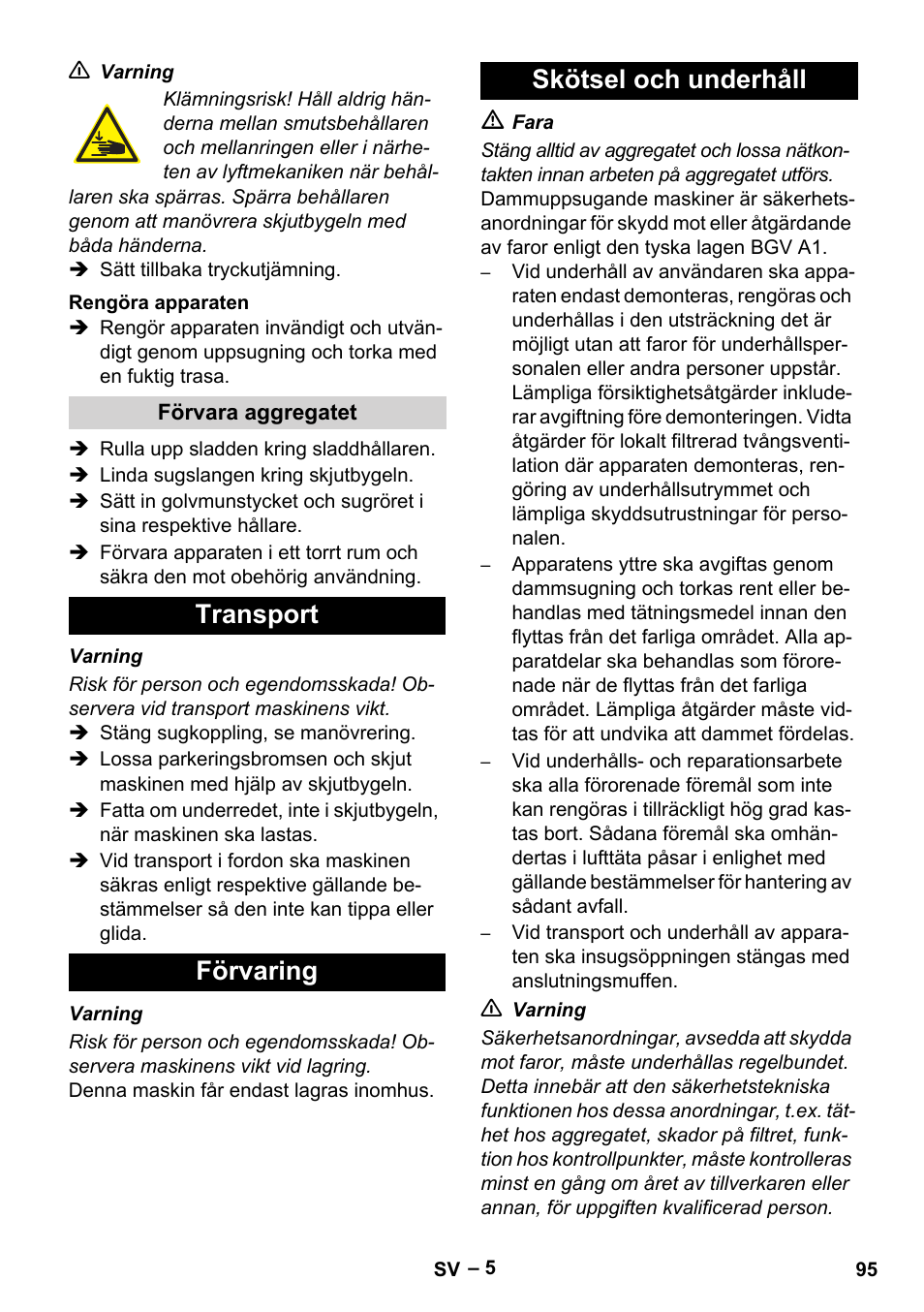 Transport förvaring skötsel och underhåll | Karcher IVC 60-24-2 Tact M User Manual | Page 95 / 260