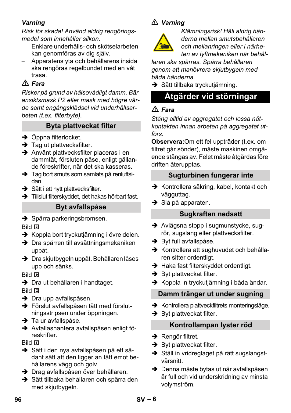 Åtgärder vid störningar | Karcher IVC 60-24-2 Tact M User Manual | Page 96 / 260