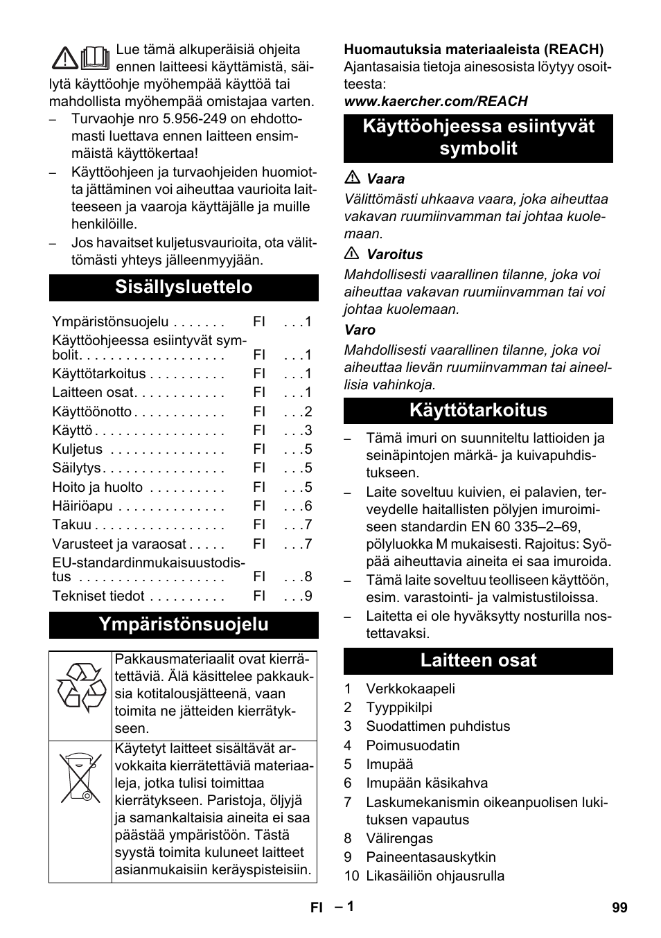 Suomi, Sisällysluettelo, Ympäristönsuojelu | Karcher IVC 60-24-2 Tact M User Manual | Page 99 / 260