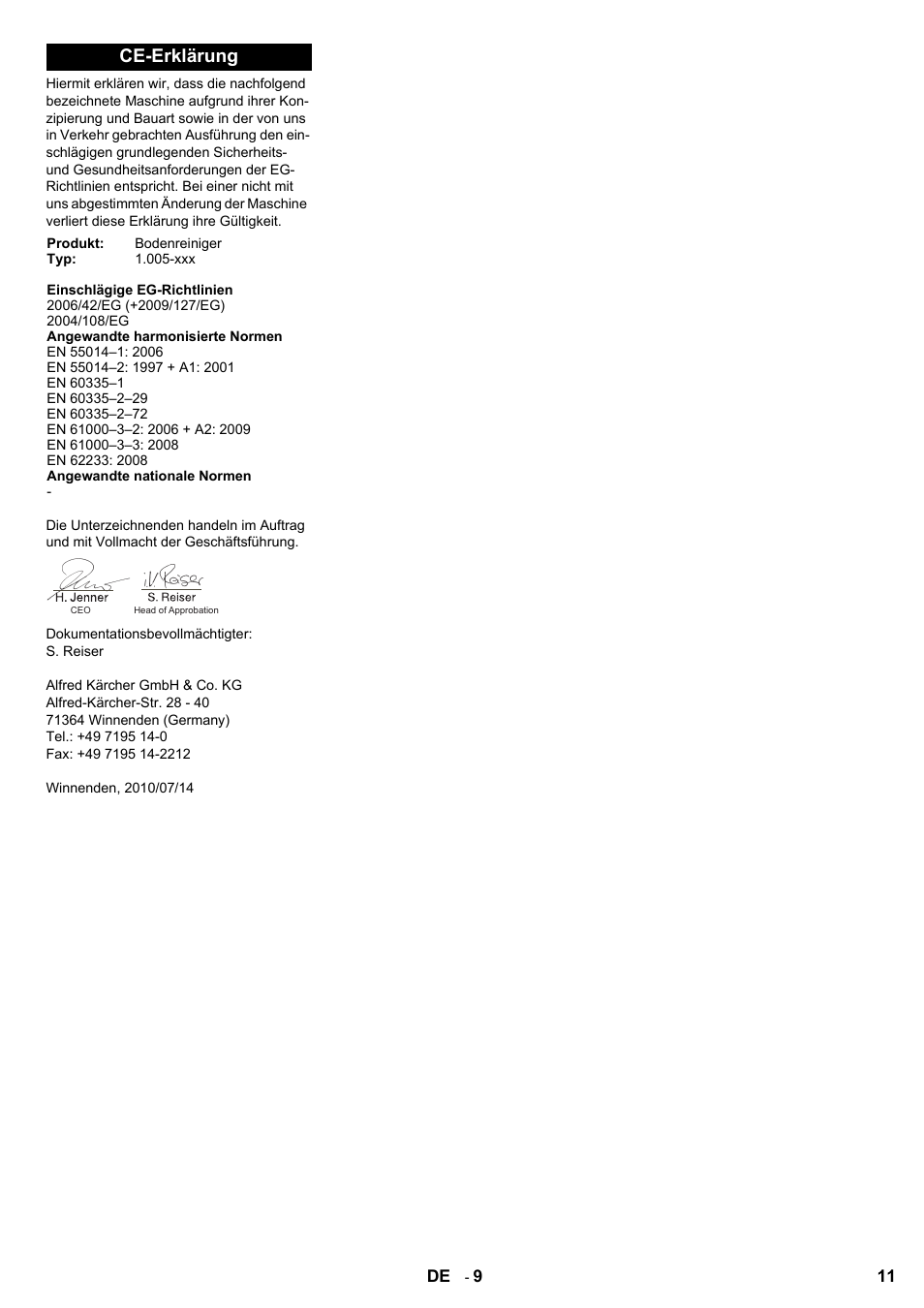 Ce-erklärung | Karcher BD 80-120 W Bp Pack User Manual | Page 11 / 244