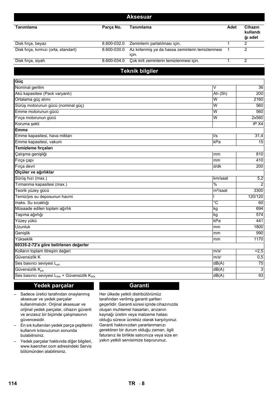 Aksesuar, Teknik bilgiler, Yedek parçalar garanti | Karcher BD 80-120 W Bp Pack User Manual | Page 114 / 244