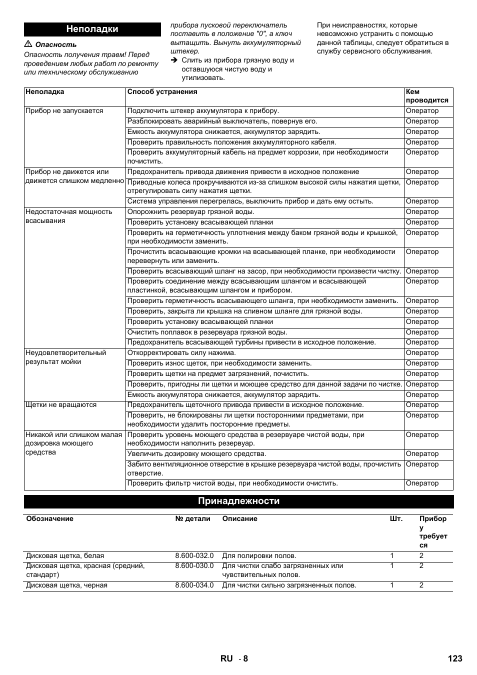 Неполадки, Принадлежности | Karcher BD 80-120 W Bp Pack User Manual | Page 123 / 244