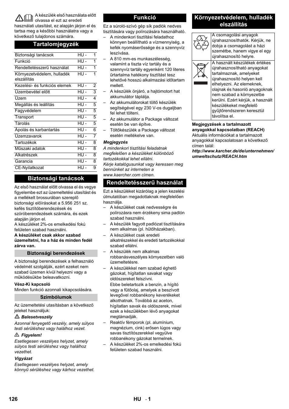 Tartalomjegyzék, Biztonsági tanácsok | Karcher BD 80-120 W Bp Pack User Manual | Page 126 / 244