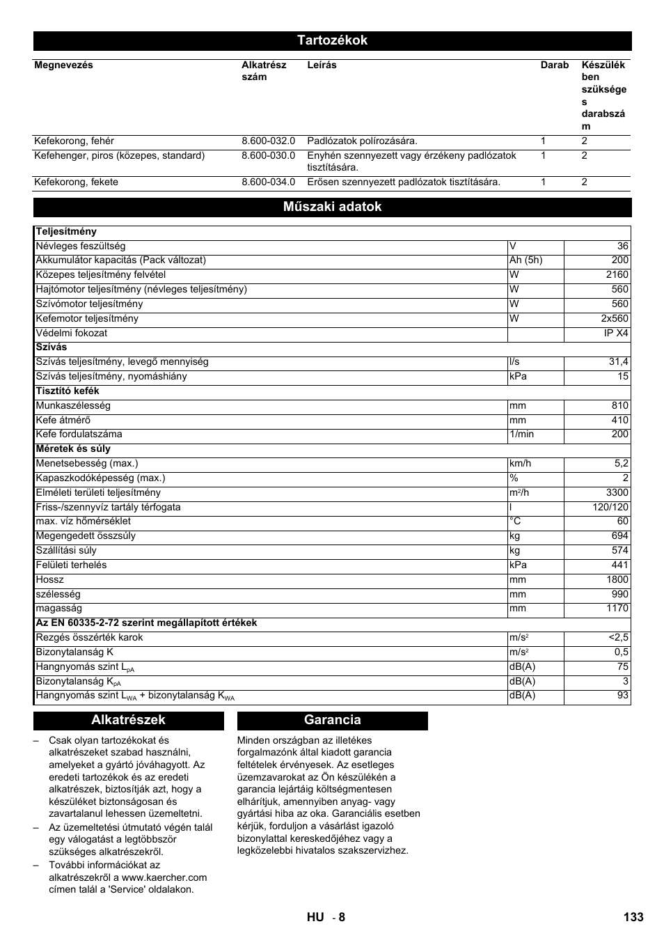 Tartozékok, Műszaki adatok, Alkatrészek garancia | Karcher BD 80-120 W Bp Pack User Manual | Page 133 / 244