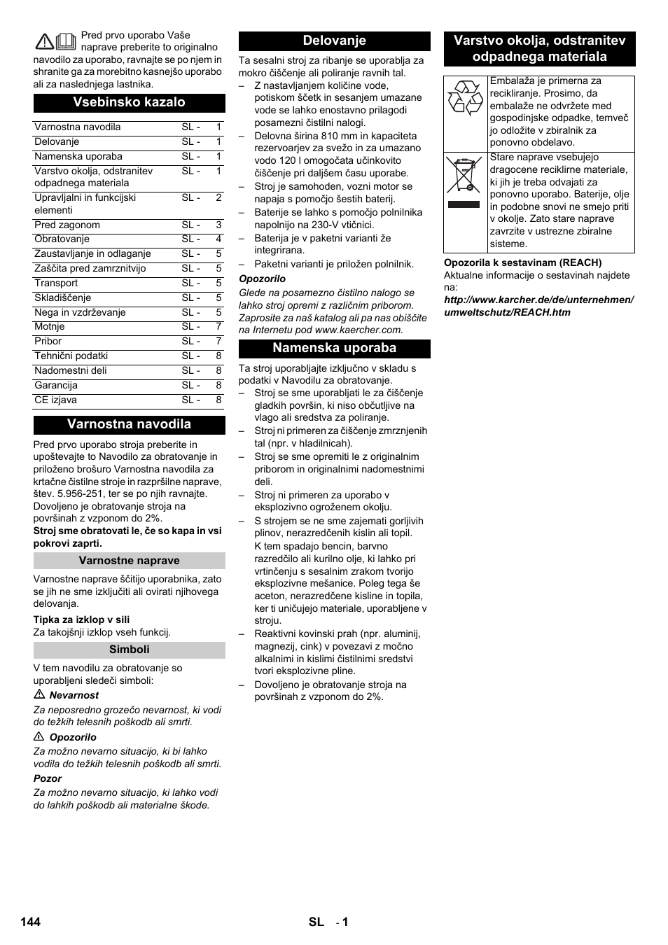 Vsebinsko kazalo, Varnostna navodila | Karcher BD 80-120 W Bp Pack User Manual | Page 144 / 244