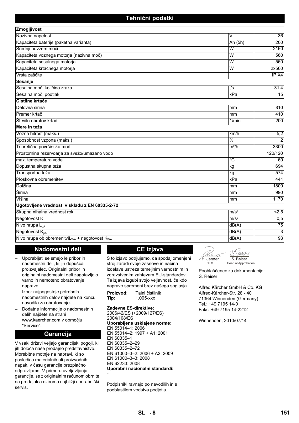 Tehnični podatki, Nadomestni deli garancija ce izjava | Karcher BD 80-120 W Bp Pack User Manual | Page 151 / 244