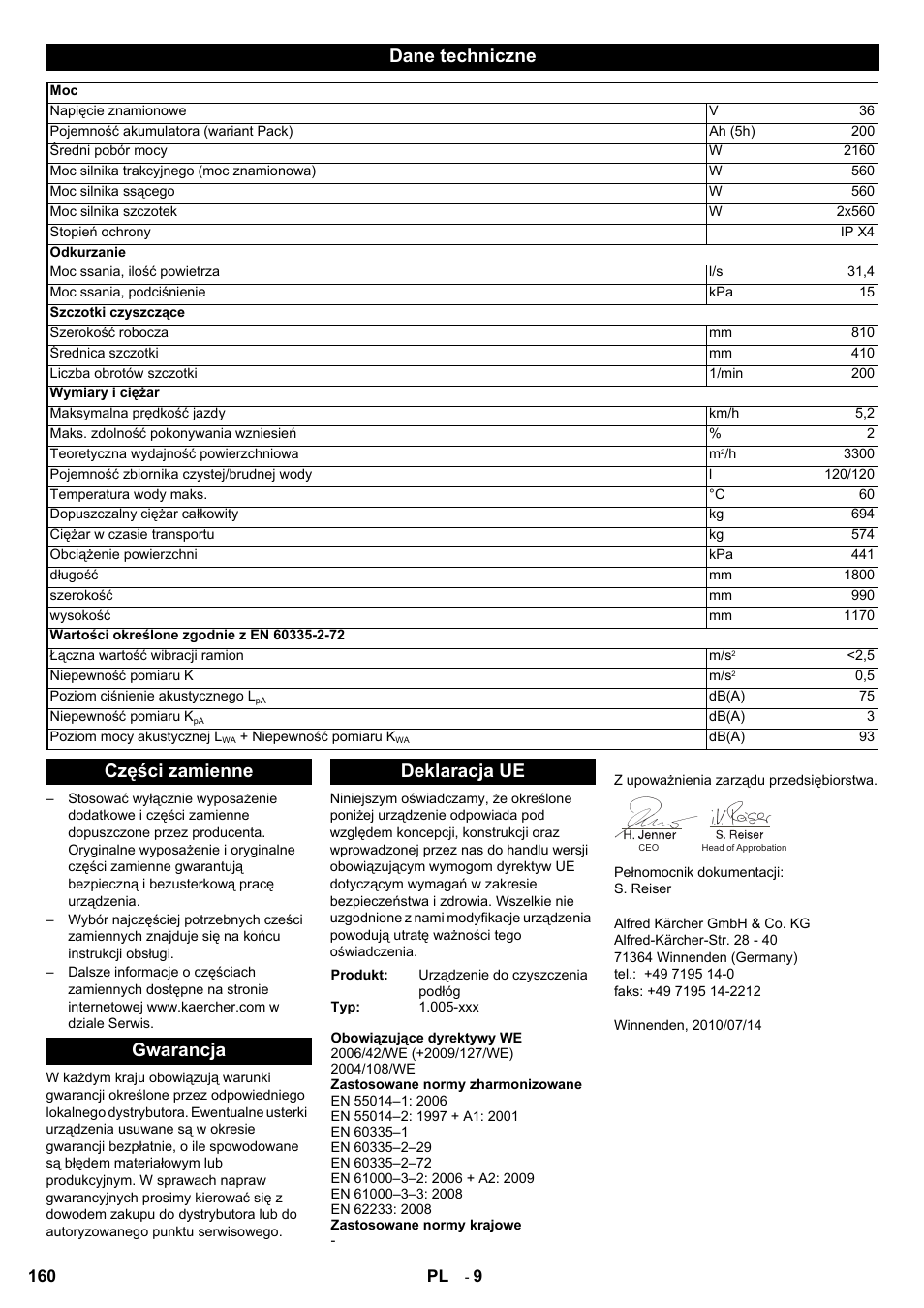 Dane techniczne, Części zamienne gwarancja deklaracja ue | Karcher BD 80-120 W Bp Pack User Manual | Page 160 / 244