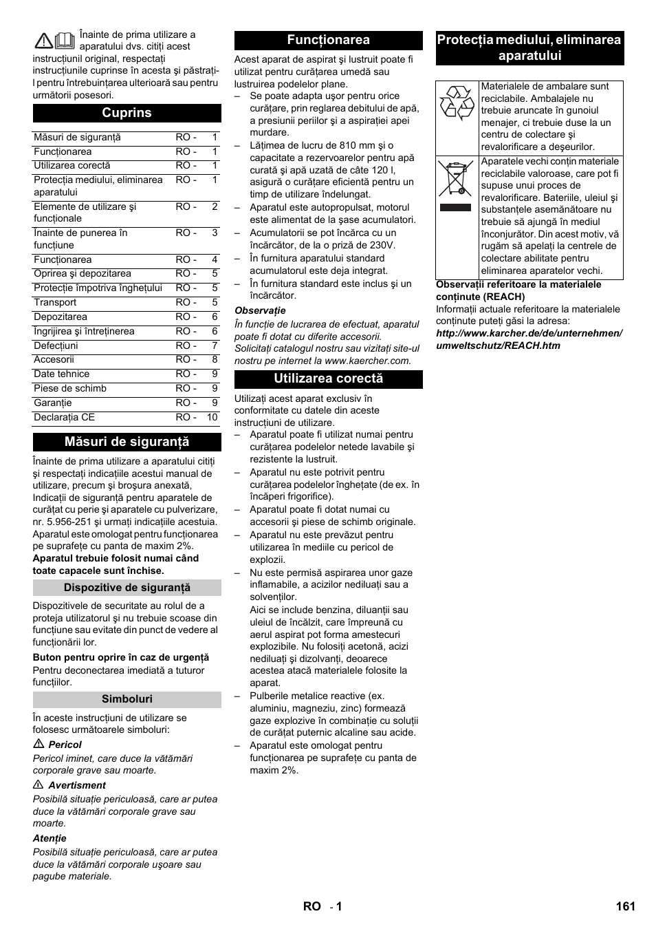 Cuprins, Măsuri de siguranţă | Karcher BD 80-120 W Bp Pack User Manual | Page 161 / 244