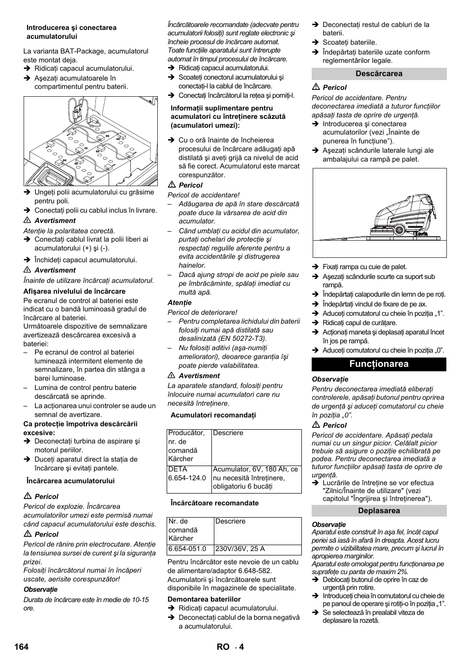 Funcţionarea | Karcher BD 80-120 W Bp Pack User Manual | Page 164 / 244