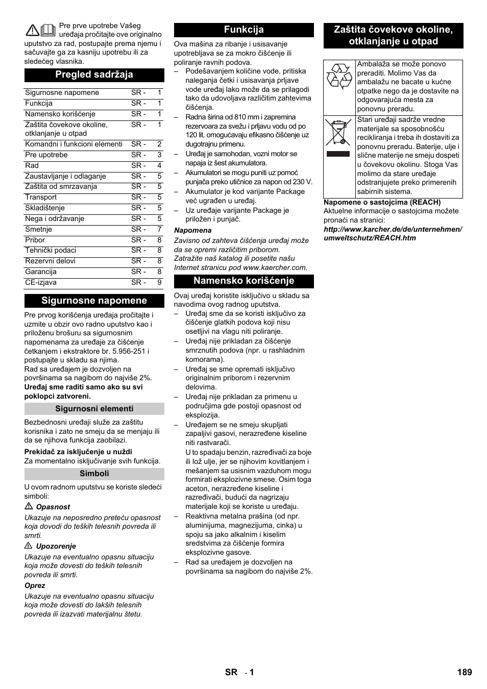 Pregled sadržaja, Sigurnosne napomene | Karcher BD 80-120 W Bp Pack User Manual | Page 189 / 244