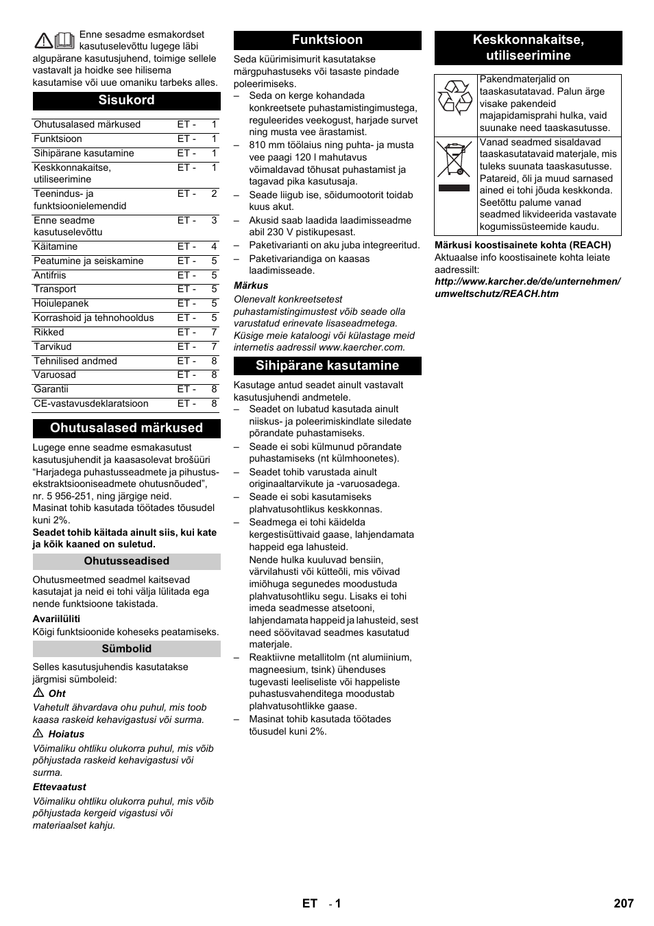 Sisukord, Ohutusalased märkused | Karcher BD 80-120 W Bp Pack User Manual | Page 207 / 244