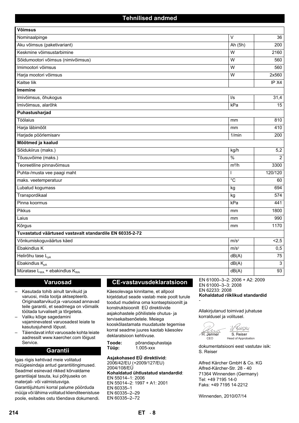 Tehnilised andmed, Varuosad garantii ce-vastavusdeklaratsioon | Karcher BD 80-120 W Bp Pack User Manual | Page 214 / 244