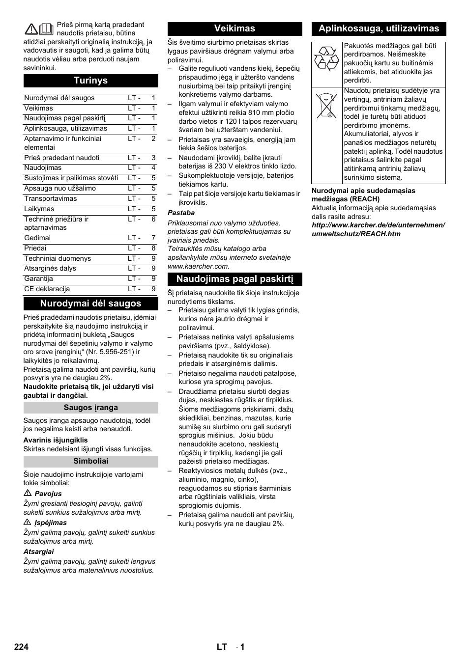 Turinys, Nurodymai dėl saugos | Karcher BD 80-120 W Bp Pack User Manual | Page 224 / 244