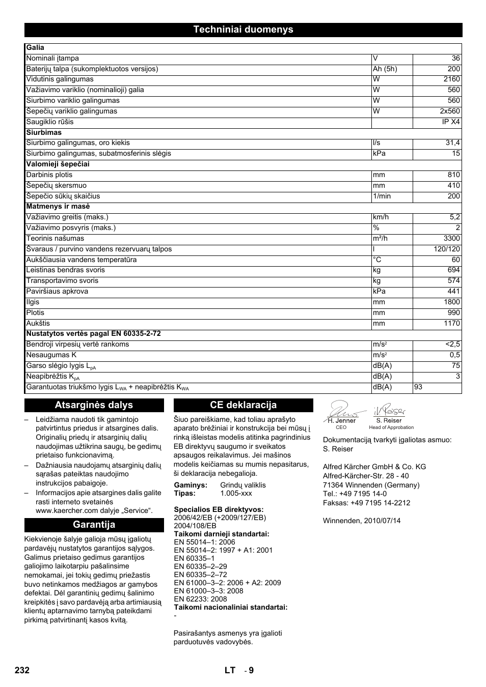 Techniniai duomenys, Atsarginės dalys garantija ce deklaracija | Karcher BD 80-120 W Bp Pack User Manual | Page 232 / 244