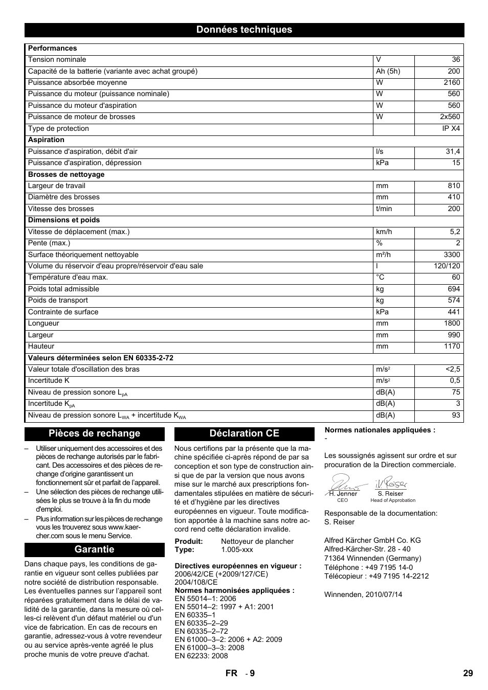 Données techniques, Pièces de rechange garantie déclaration ce | Karcher BD 80-120 W Bp Pack User Manual | Page 29 / 244