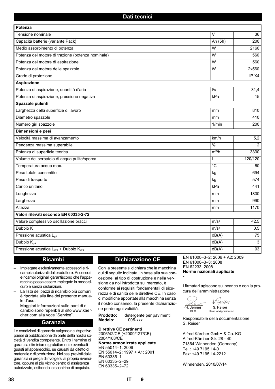 Dati tecnici, Ricambi garanzia dichiarazione ce | Karcher BD 80-120 W Bp Pack User Manual | Page 38 / 244