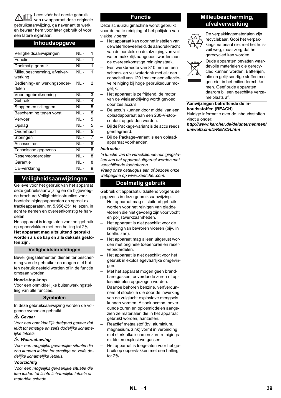 Inhoudsopgave, Veiligheidsaanwijzingen | Karcher BD 80-120 W Bp Pack User Manual | Page 39 / 244