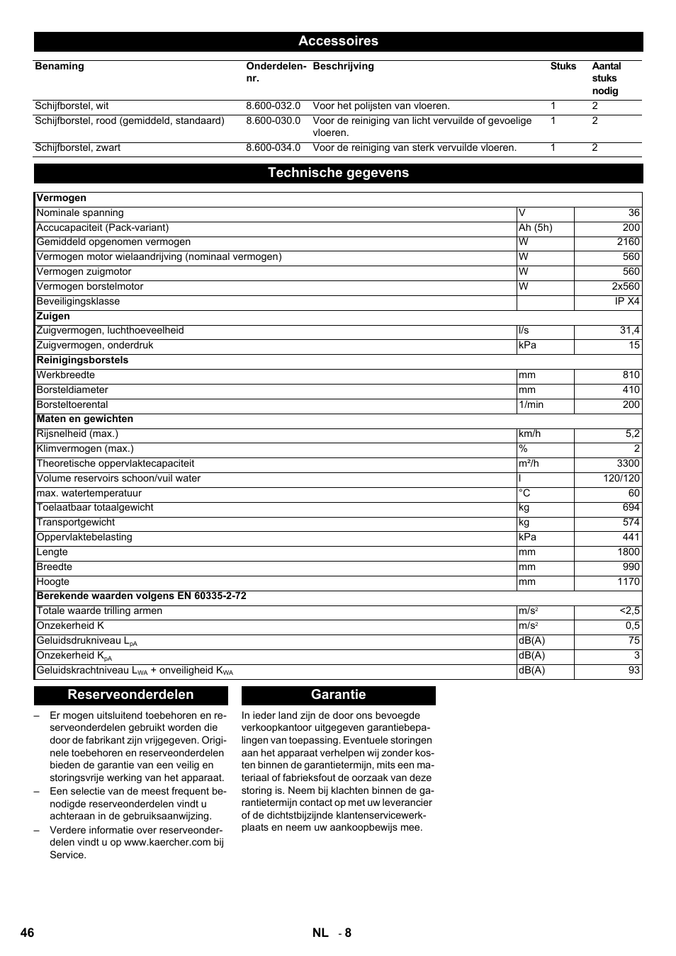 Accessoires, Technische gegevens, Reserveonderdelen garantie | Karcher BD 80-120 W Bp Pack User Manual | Page 46 / 244