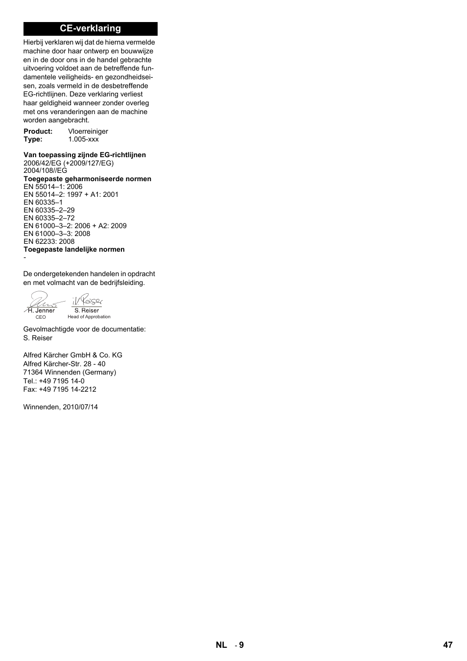 Ce-verklaring | Karcher BD 80-120 W Bp Pack User Manual | Page 47 / 244