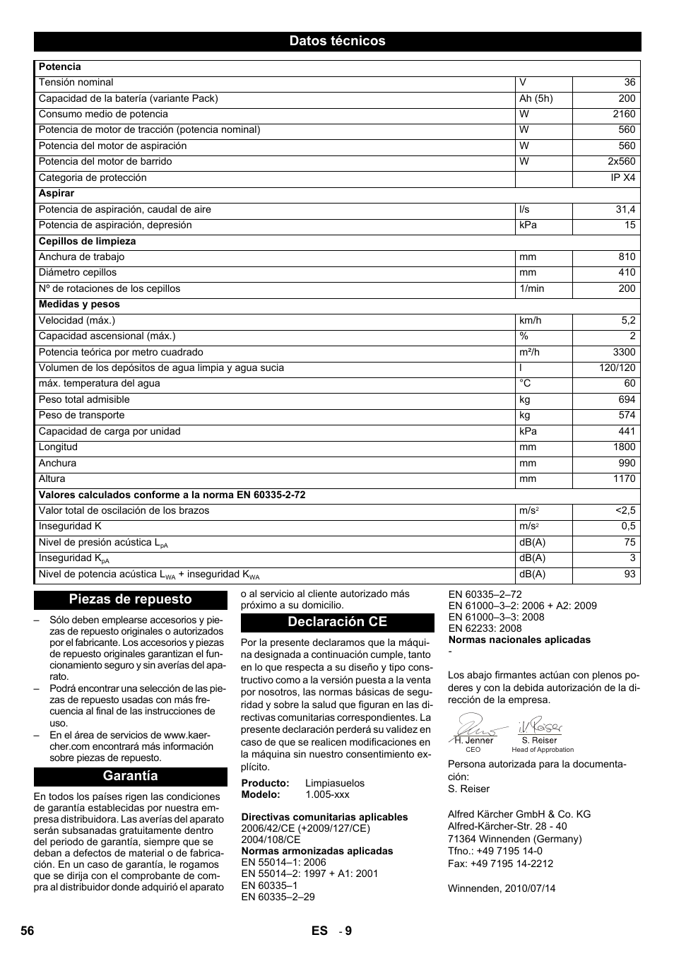 Datos técnicos, Piezas de repuesto garantía declaración ce | Karcher BD 80-120 W Bp Pack User Manual | Page 56 / 244