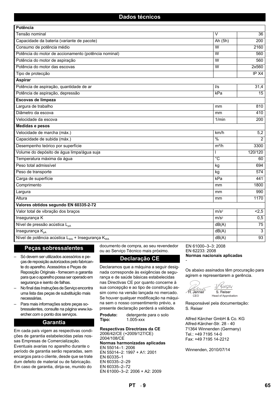 Dados técnicos, Peças sobressalentes garantia declaração ce | Karcher BD 80-120 W Bp Pack User Manual | Page 65 / 244