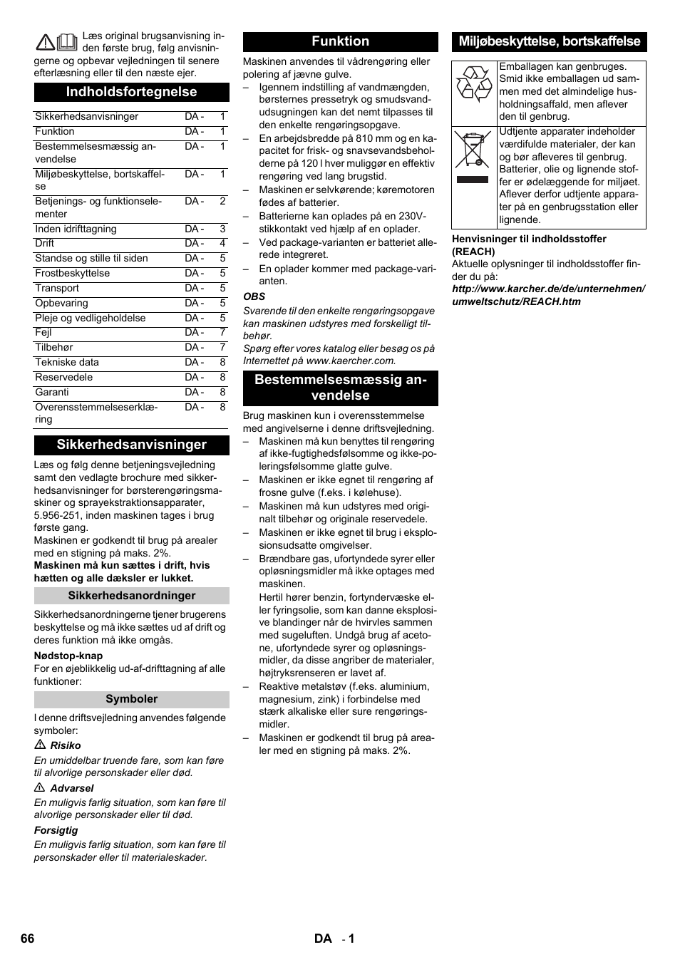 Indholdsfortegnelse, Sikkerhedsanvisninger | Karcher BD 80-120 W Bp Pack User Manual | Page 66 / 244