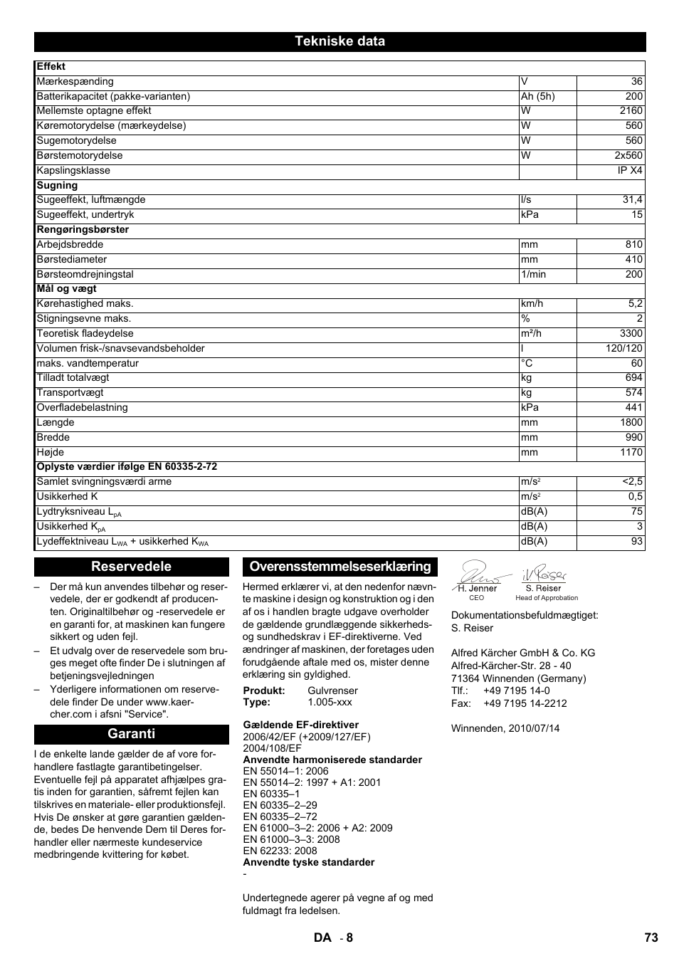 Tekniske data, Reservedele garanti overensstemmelseserklæring | Karcher BD 80-120 W Bp Pack User Manual | Page 73 / 244