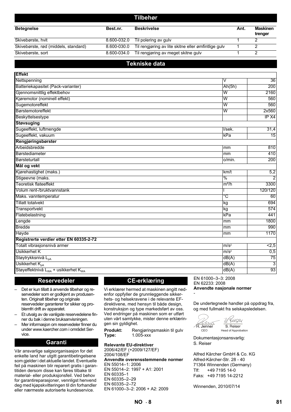 Tilbehør, Tekniske data, Reservedeler garanti ce-erklæring | Karcher BD 80-120 W Bp Pack User Manual | Page 81 / 244