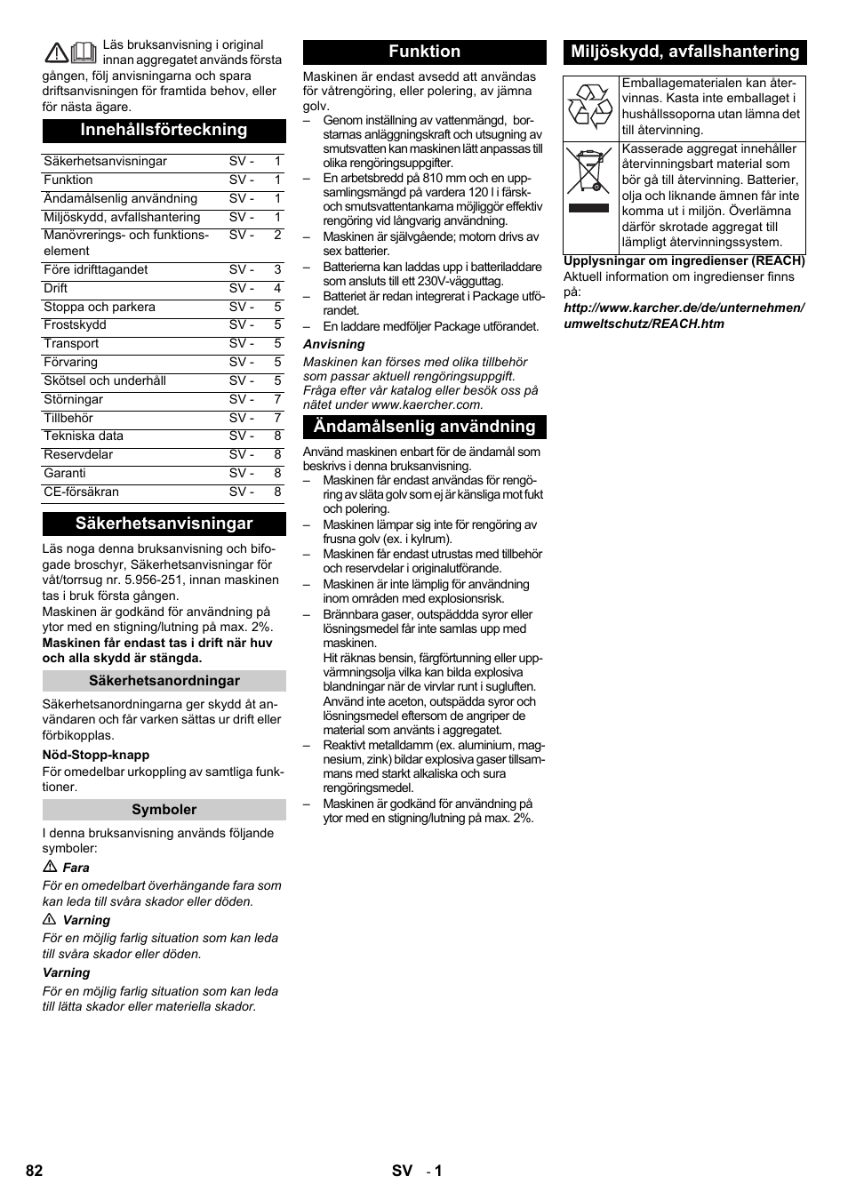 Innehållsförteckning, Säkerhetsanvisningar | Karcher BD 80-120 W Bp Pack User Manual | Page 82 / 244