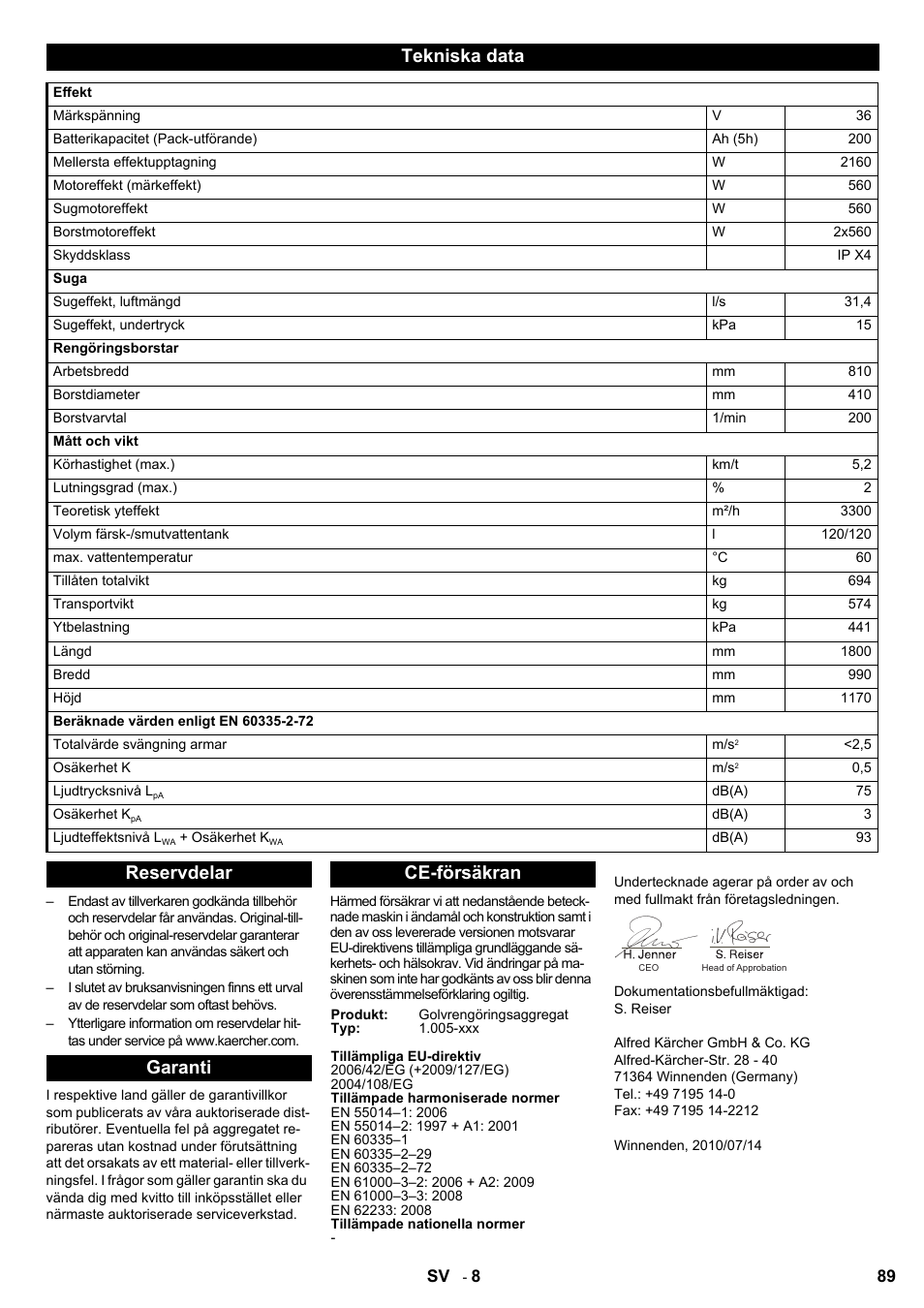 Tekniska data, Reservdelar garanti ce-försäkran | Karcher BD 80-120 W Bp Pack User Manual | Page 89 / 244