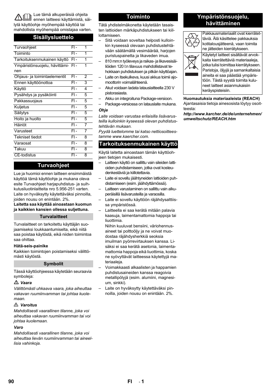 Sisällysluettelo, Turvaohjeet | Karcher BD 80-120 W Bp Pack User Manual | Page 90 / 244