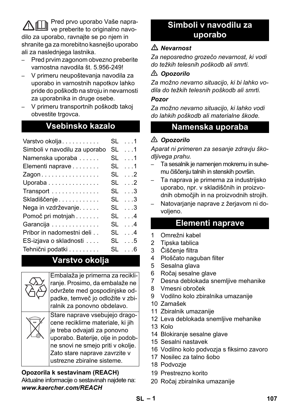 Slovenščina, Vsebinsko kazalo, Varstvo okolja | Karcher IVC 60-24-2 Tact User Manual | Page 107 / 180