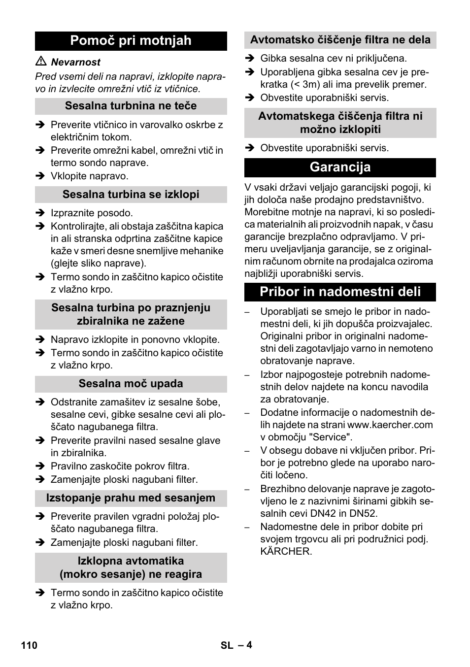 Pomoč pri motnjah, Garancija pribor in nadomestni deli | Karcher IVC 60-24-2 Tact User Manual | Page 110 / 180