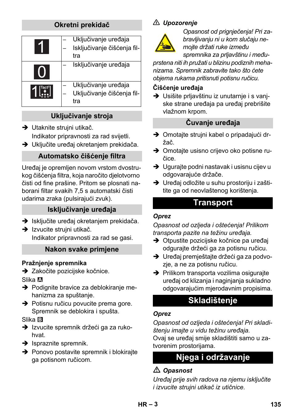 Transport skladištenje njega i održavanje | Karcher IVC 60-24-2 Tact User Manual | Page 135 / 180