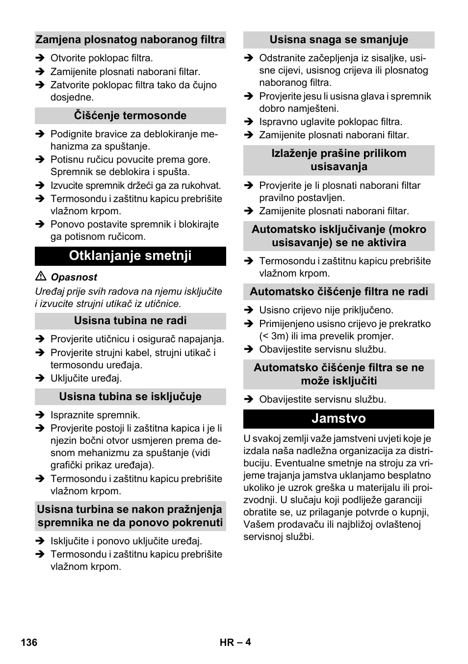 Otklanjanje smetnji, Jamstvo | Karcher IVC 60-24-2 Tact User Manual | Page 136 / 180