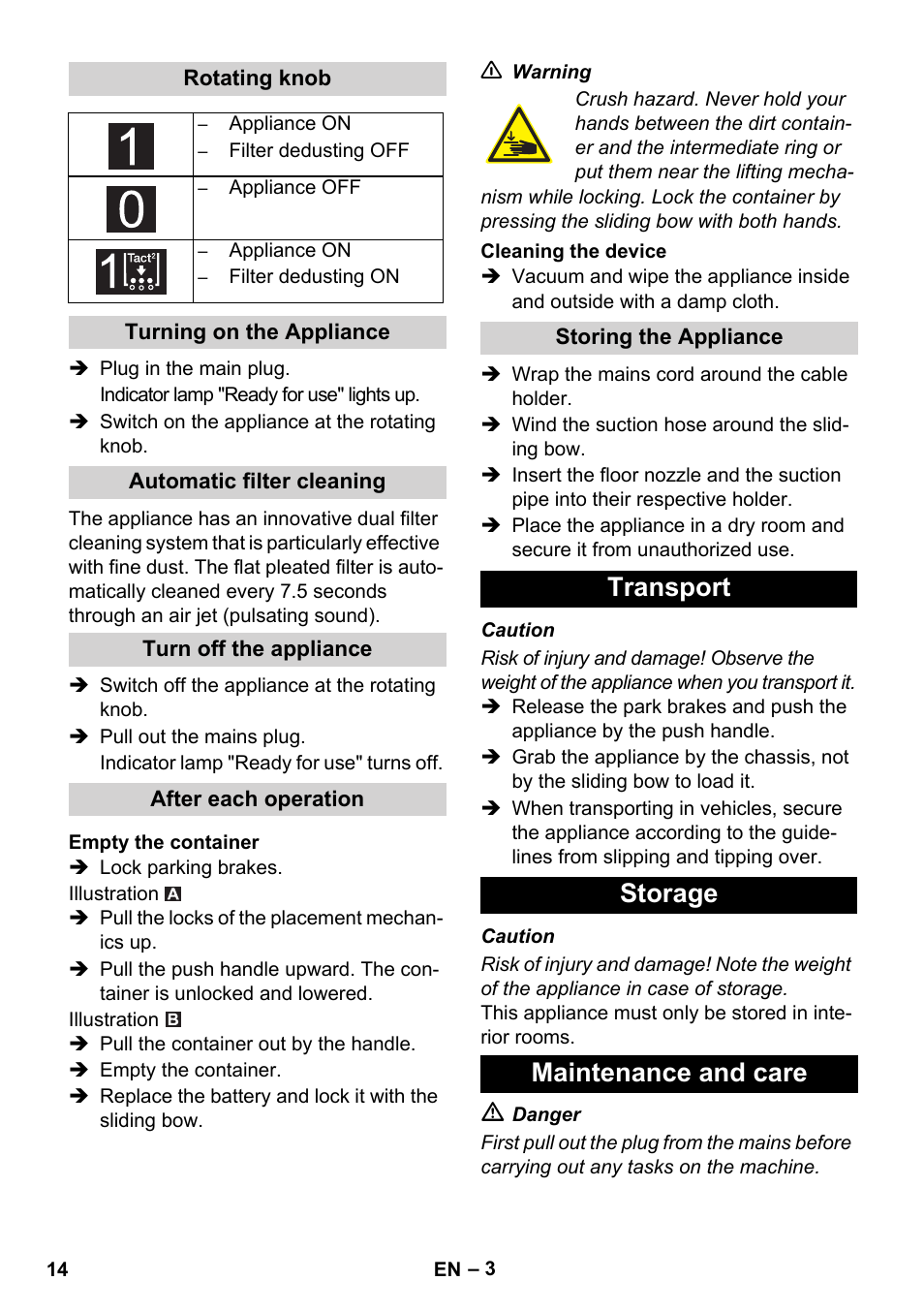 Transport storage maintenance and care | Karcher IVC 60-24-2 Tact User Manual | Page 14 / 180