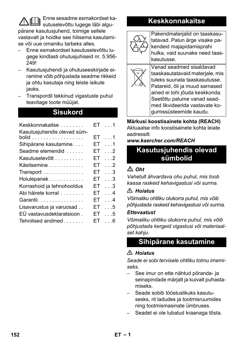 Eesti, Sisukord, Keskkonnakaitse | Karcher IVC 60-24-2 Tact User Manual | Page 152 / 180