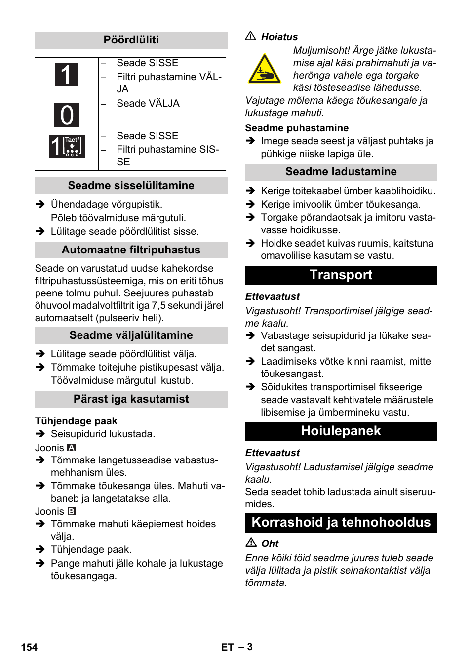 Transport hoiulepanek korrashoid ja tehnohooldus | Karcher IVC 60-24-2 Tact User Manual | Page 154 / 180