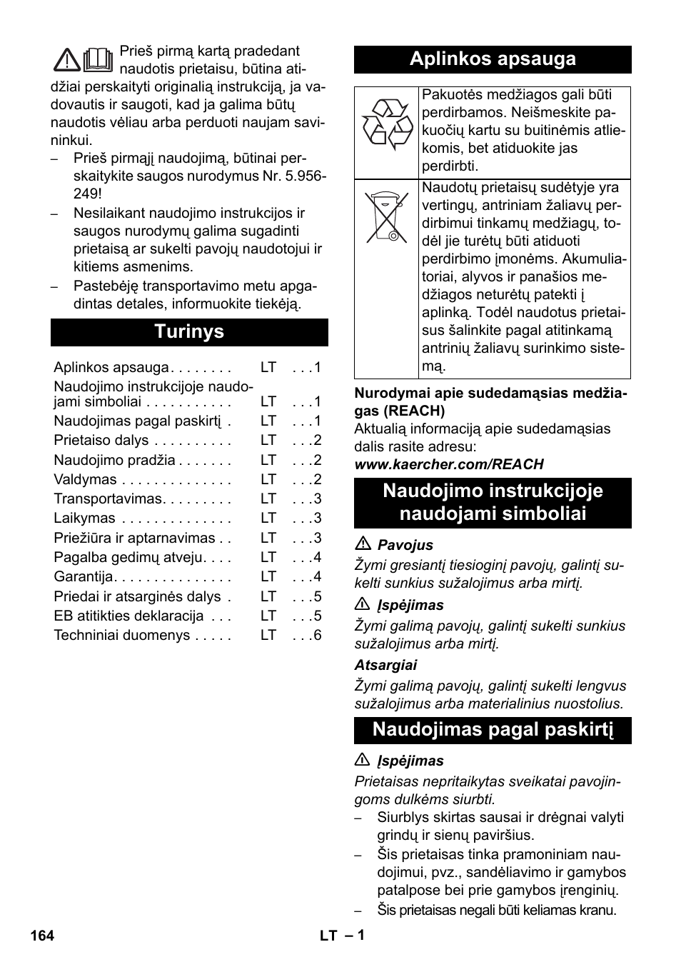 Lietuviškai, Turinys, Aplinkos apsauga | Karcher IVC 60-24-2 Tact User Manual | Page 164 / 180