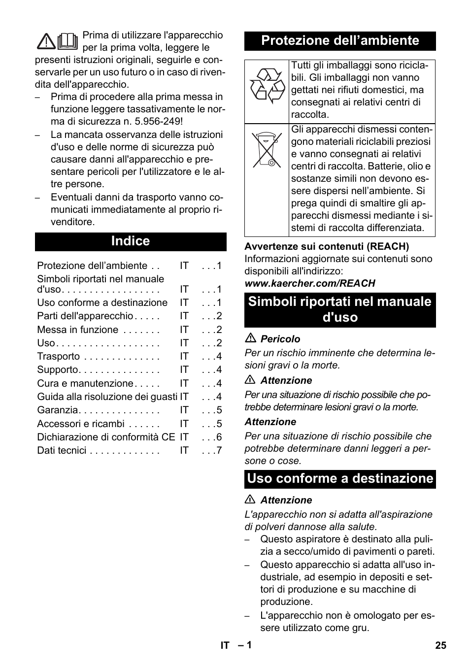 Italiano, Indice, Protezione dell’ambiente | Karcher IVC 60-24-2 Tact User Manual | Page 25 / 180