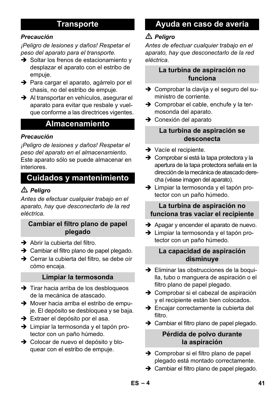 Transporte almacenamiento cuidados y mantenimiento, Ayuda en caso de avería | Karcher IVC 60-24-2 Tact User Manual | Page 41 / 180